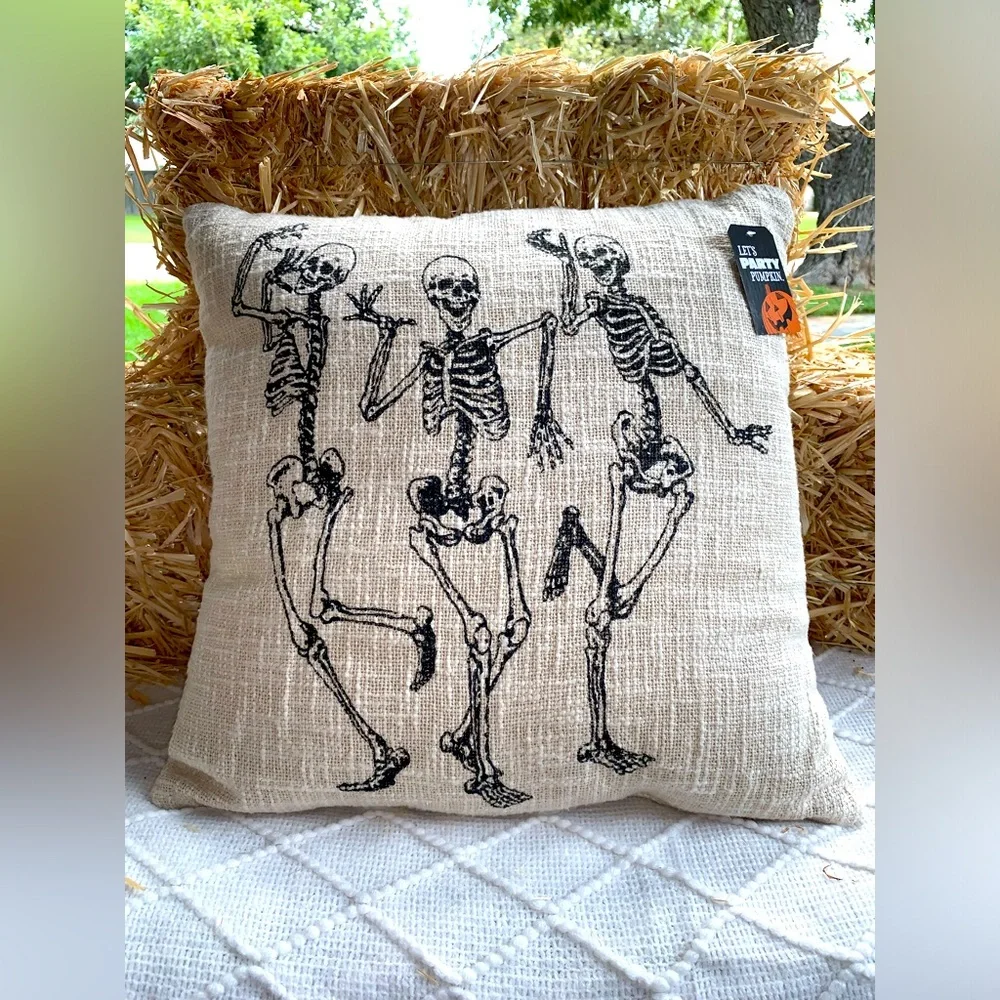 Halloween Decor Pillow Funny Dancing Skeletons Tan- NWT